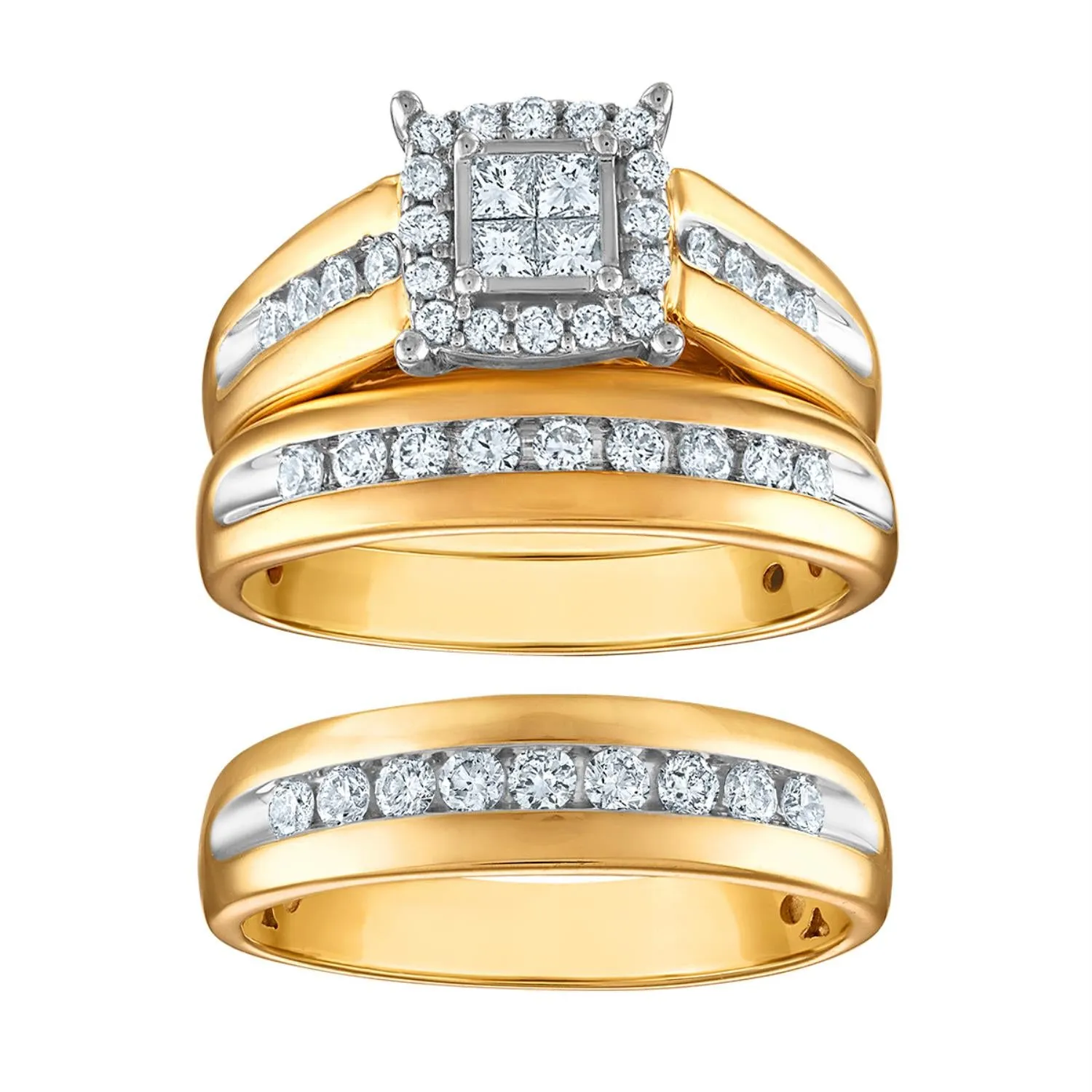 1 CTW Diamond Cushion Shaped Wedding Trio Set in 10KT White and Yellow Gold