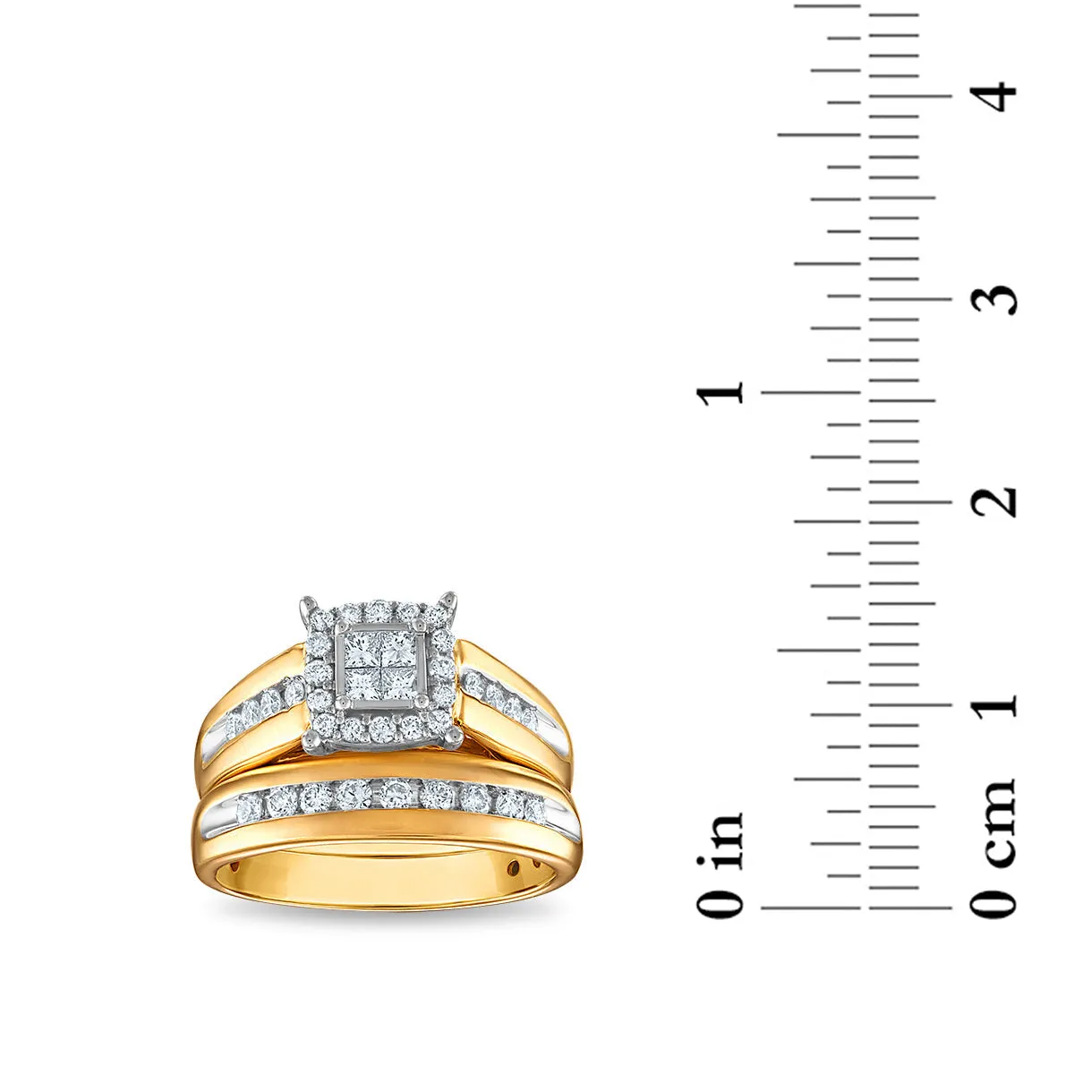 1 CTW Diamond Cushion Shaped Wedding Trio Set in 10KT White and Yellow Gold