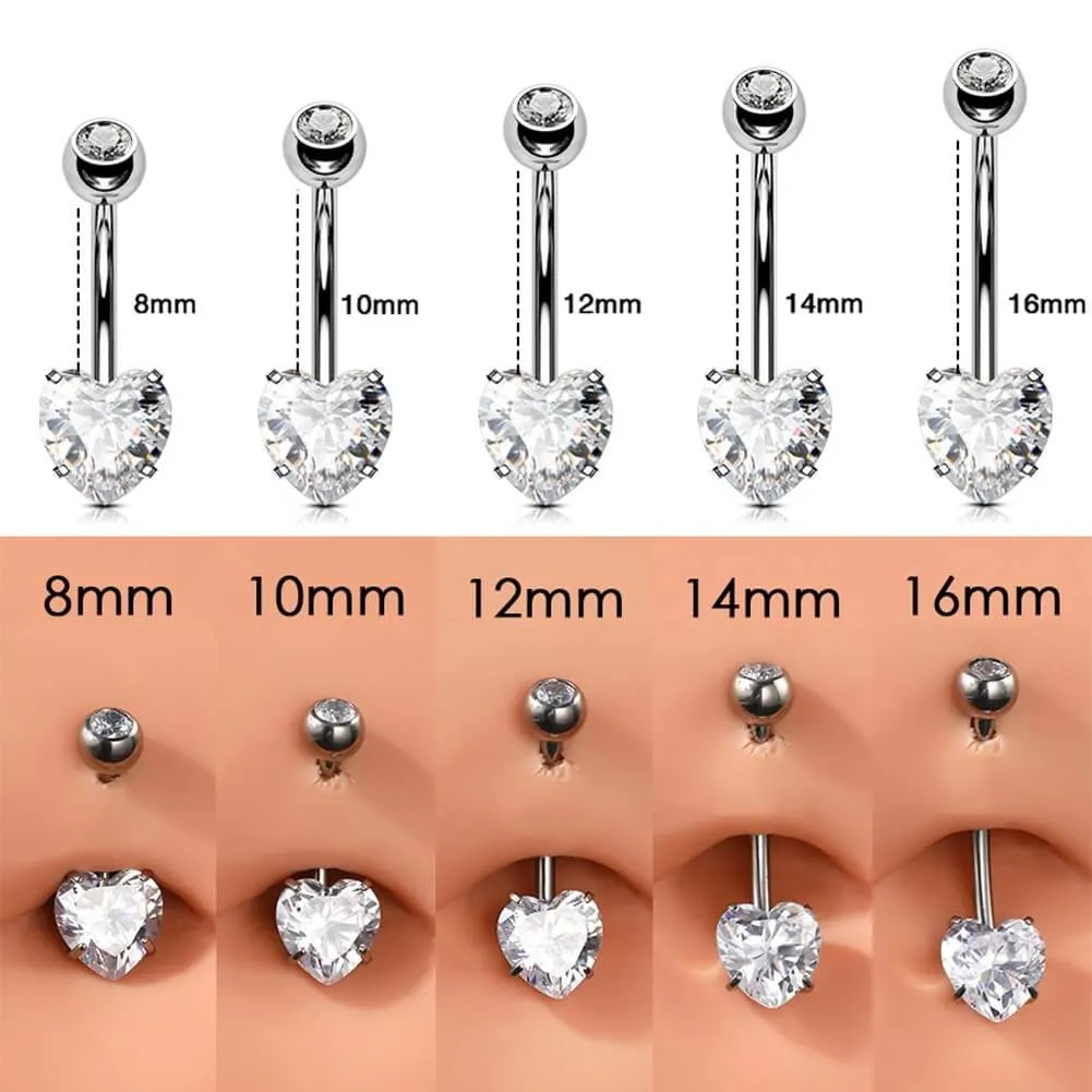 14G 8-16mm Titanium Classic Heart CZ Belly Button Rings