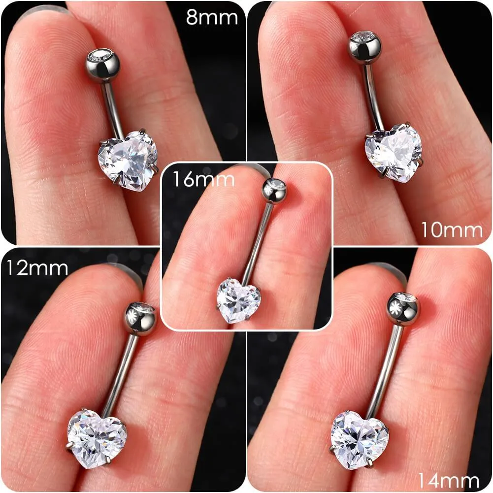 14G 8-16mm Titanium Classic Heart CZ Belly Button Rings