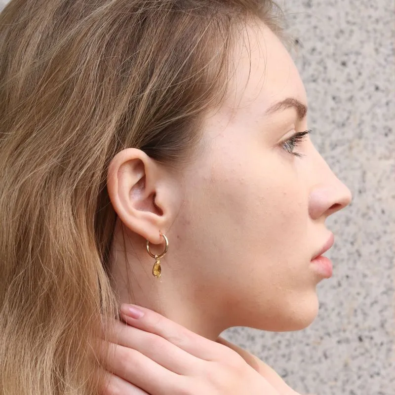 14k Gold Hoop Earrings with Citrine Teardrop Stones