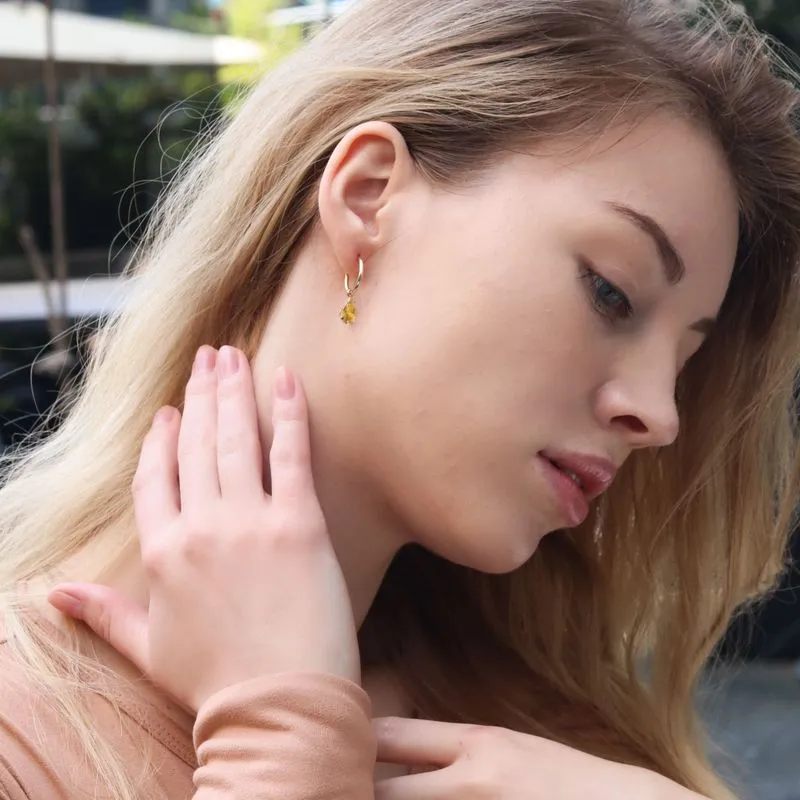 14k Gold Hoop Earrings with Citrine Teardrop Stones