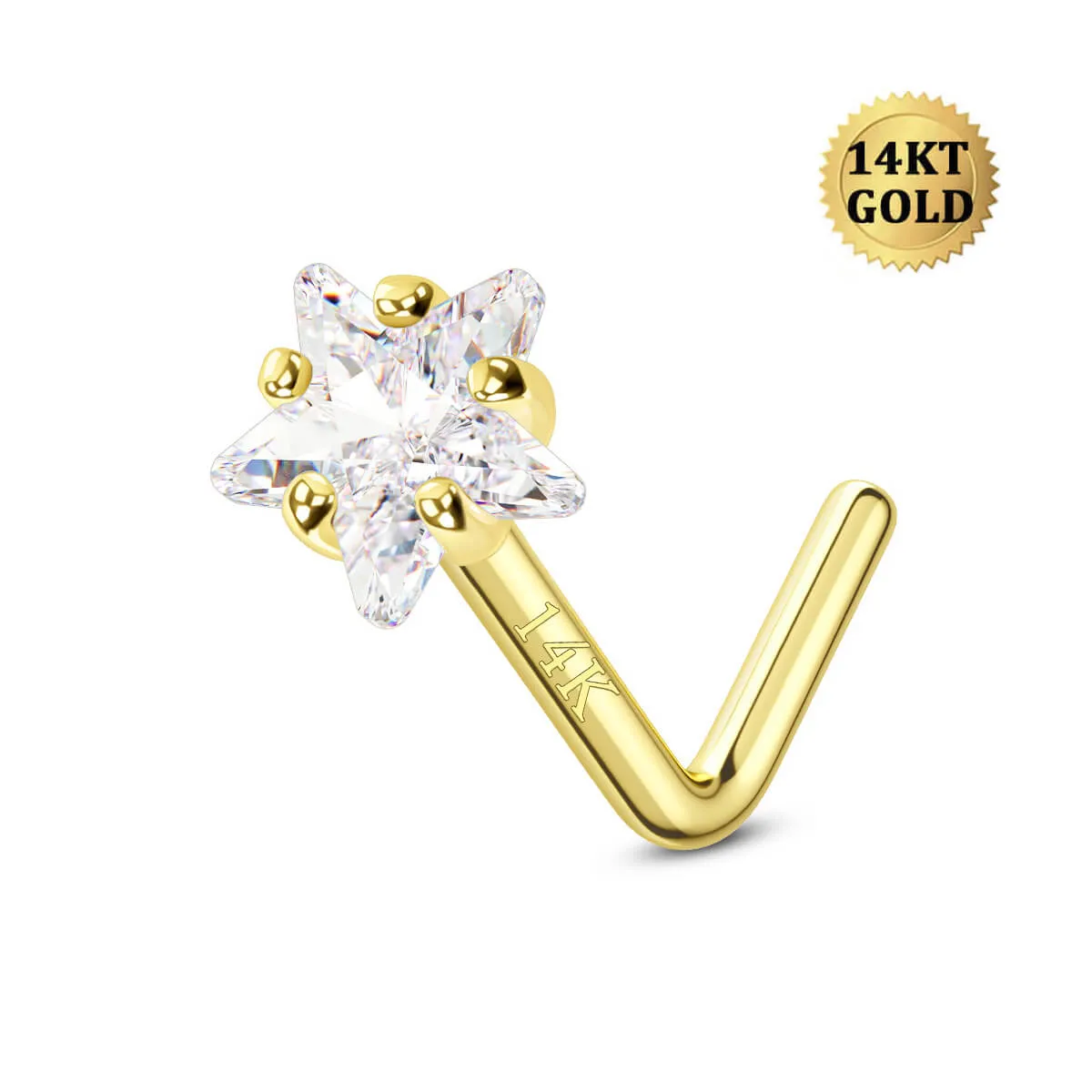 14K Solid Gold 20G Star Top L-Shape Nose Ring