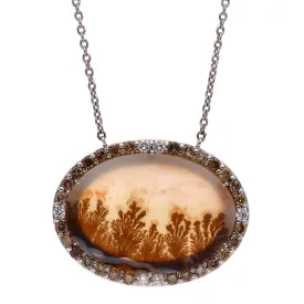 14K White Gold Custom Design One-Of-A-Kind Oval Picture Agate w/Brown Diamond & White Accent Necklace