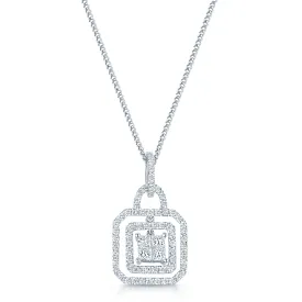 18ct White Gold Diamond Double Halo with Princess Cut Diamond Centre Pendant