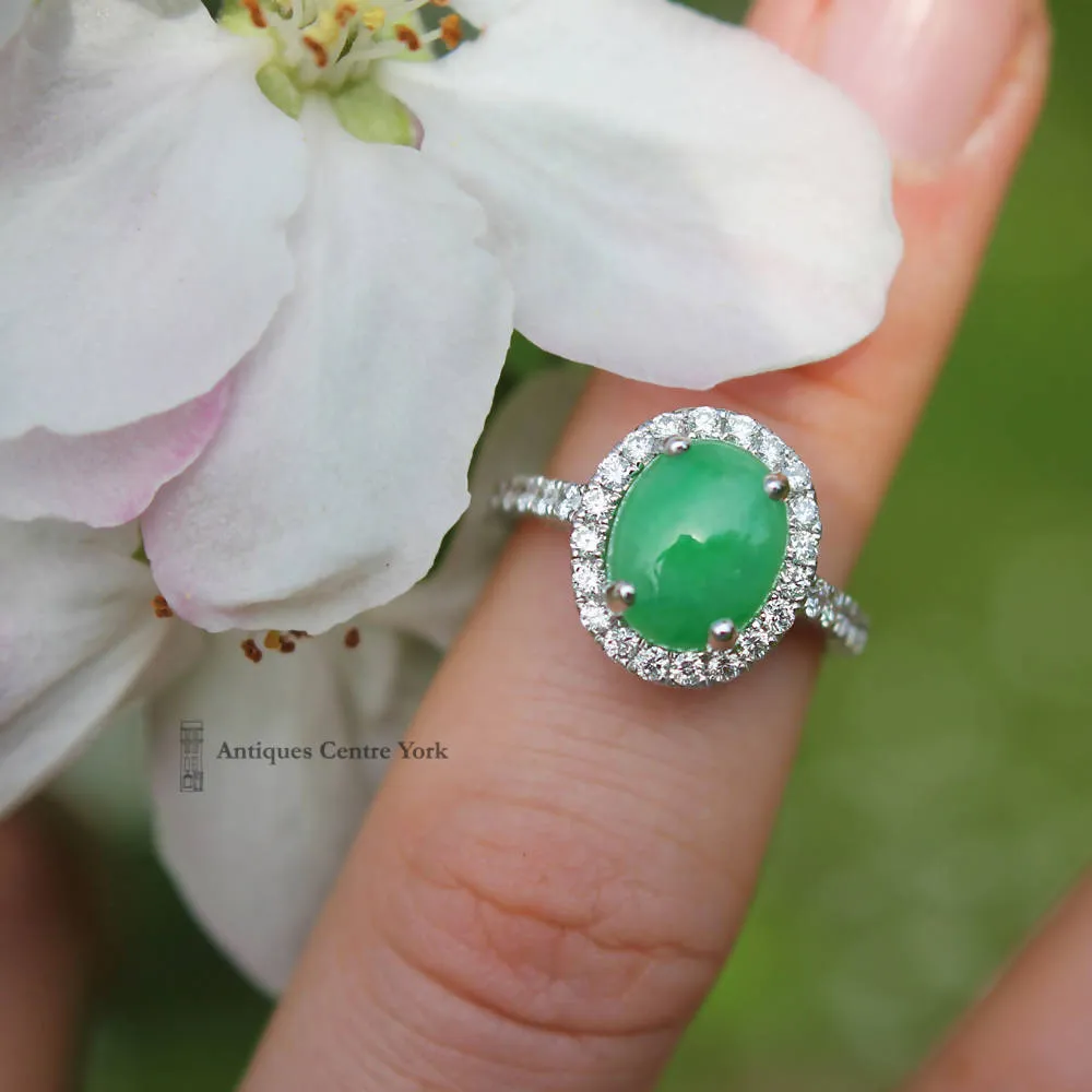 18ct White Gold Fine Jade & Diamond Cluster Ring