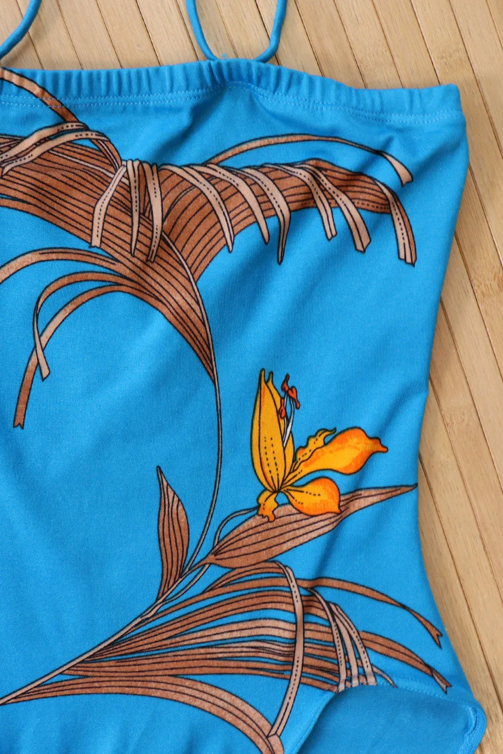 1970s Bright Blue Botanical One Piece XS/S