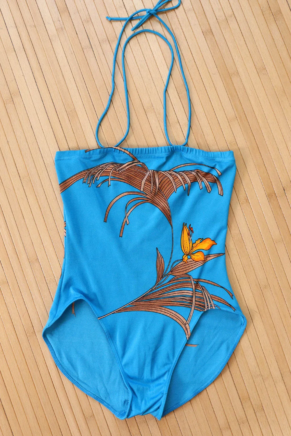 1970s Bright Blue Botanical One Piece XS/S