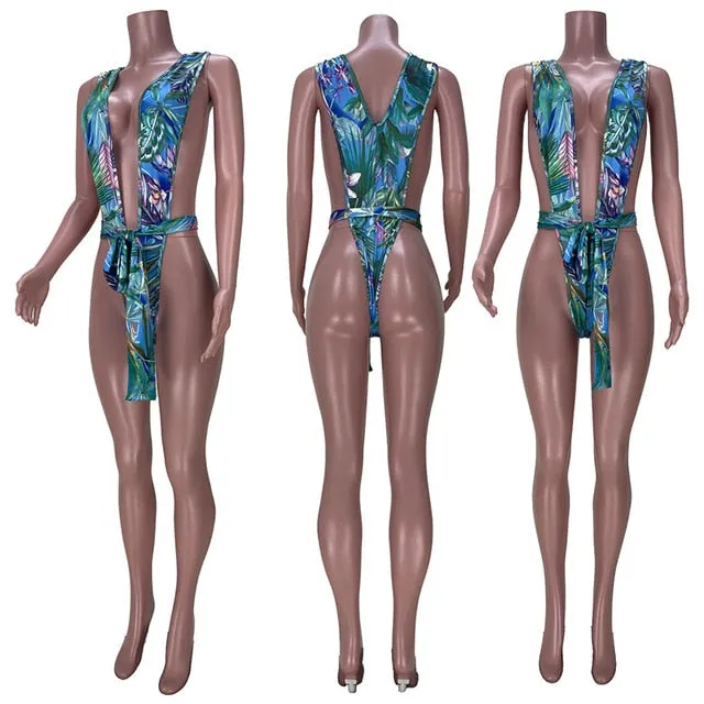 2021 HAOYUAN Women's Leaves Print Bodycon Bodysuit Sexy Swimsuit Sizes S - 2XL