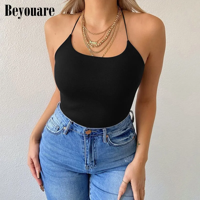 2021 Spring Summer Beyouare Sexy Backless Bodysuit Halter Bandage Sizes S - L