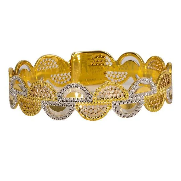 22K Multi-Tone Gold Bangle W/ Yellow & White Gold Semi-Circle Design 35.7