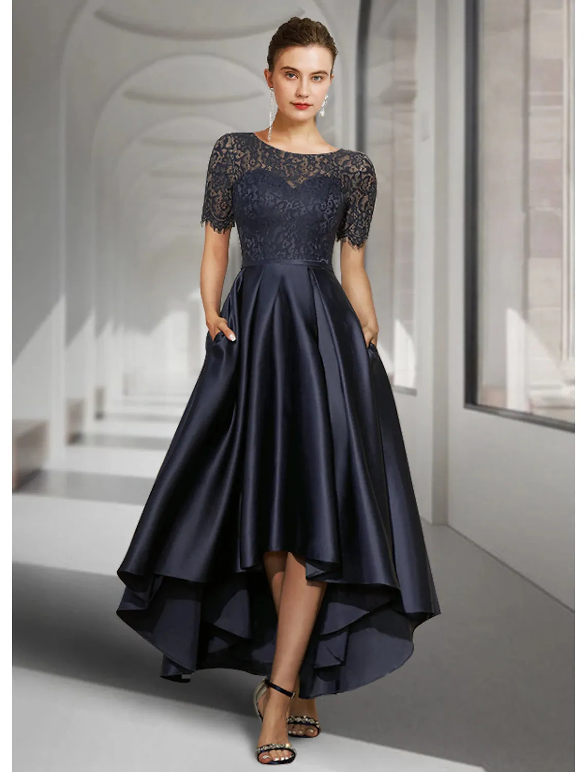 A-Line Mother of the Bride Dress Fall Wedding Guest Elegant High Low Jewel Neck Asymmetrical Tea Length Satin Lace Short Sleeve with Pleats