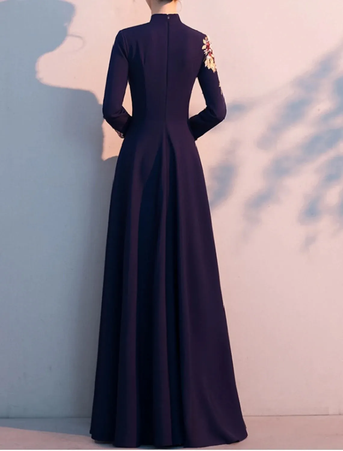 A-Line Mother of the Bride Dress Simple Elegant High Neck Floor Length Stretch Fabric Long Sleeve with Pleats Appliques