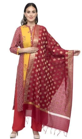 A R Silk Women's Chanderi Zari Embroidery Mehroon Fancy Dupatta