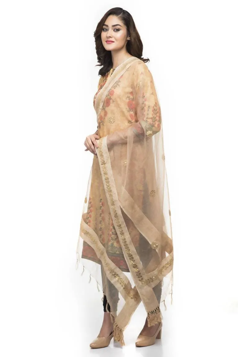 A R Silk Women's Orgenza Cotton Gota Work Golden Fancy Dupatta