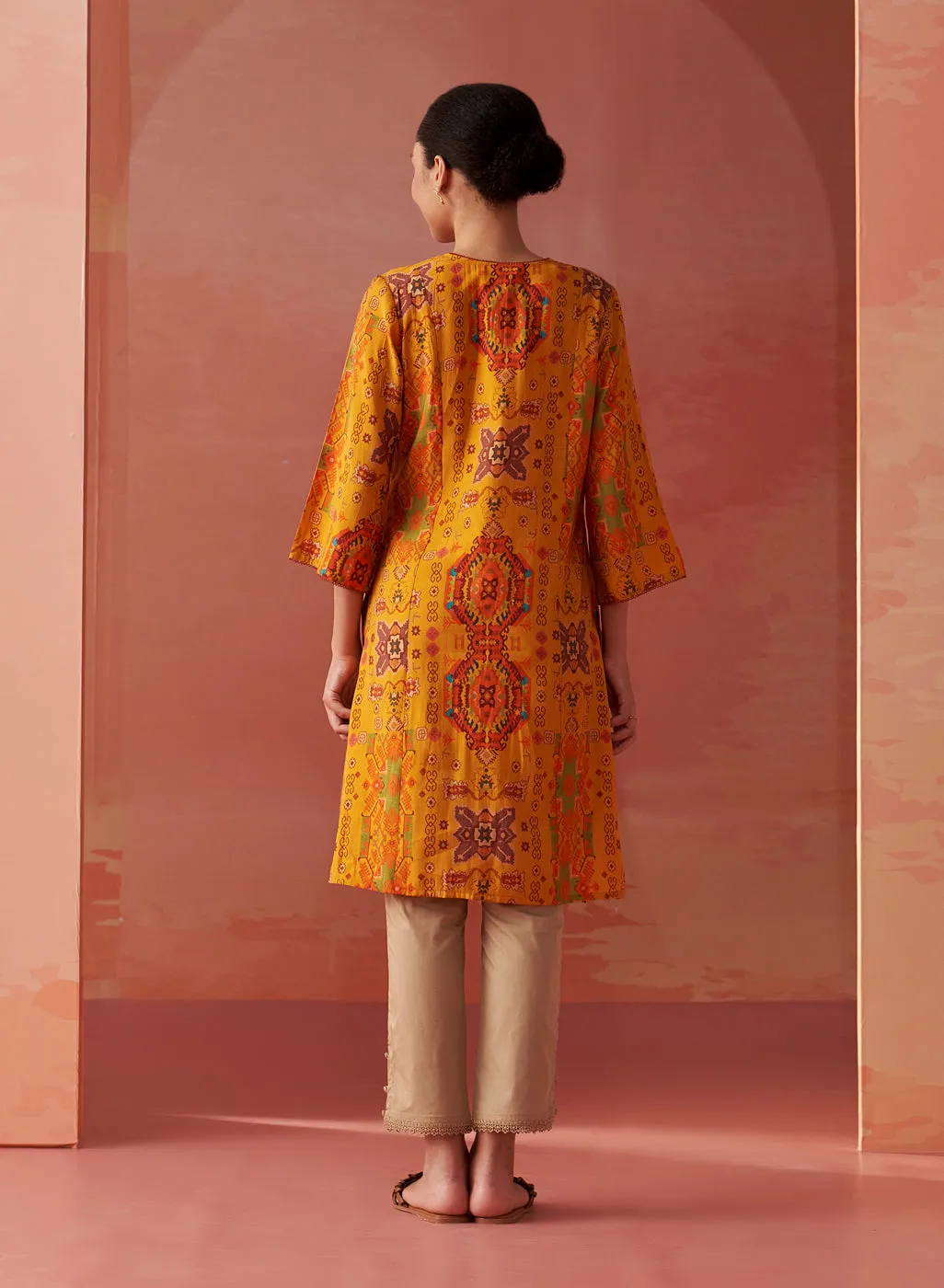 Abeera Mustard Printed Chanderi Straight Mirror Work Kurta