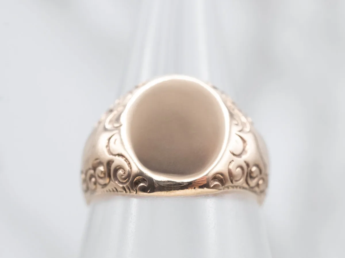 Antique Rose Gold Signet Ring with Scrolling Shoulders