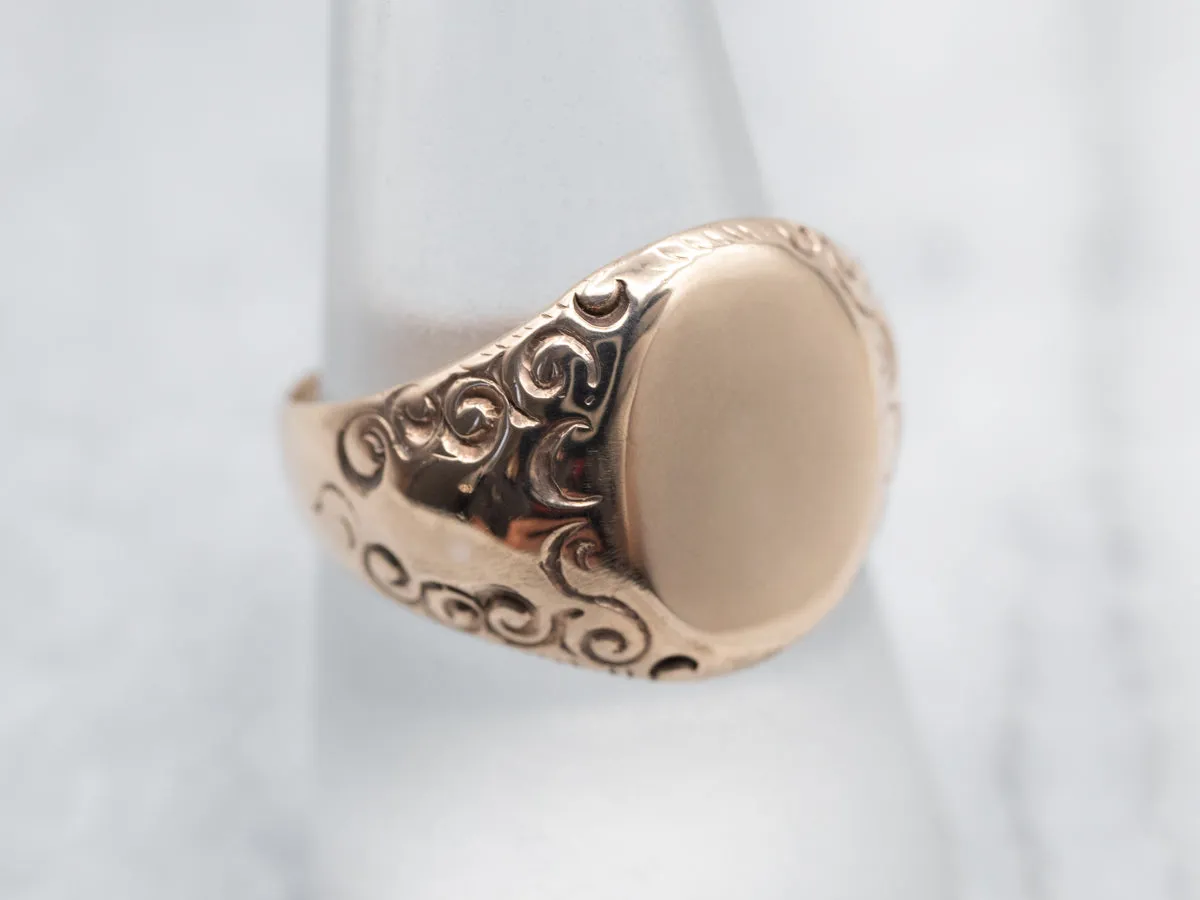 Antique Rose Gold Signet Ring with Scrolling Shoulders