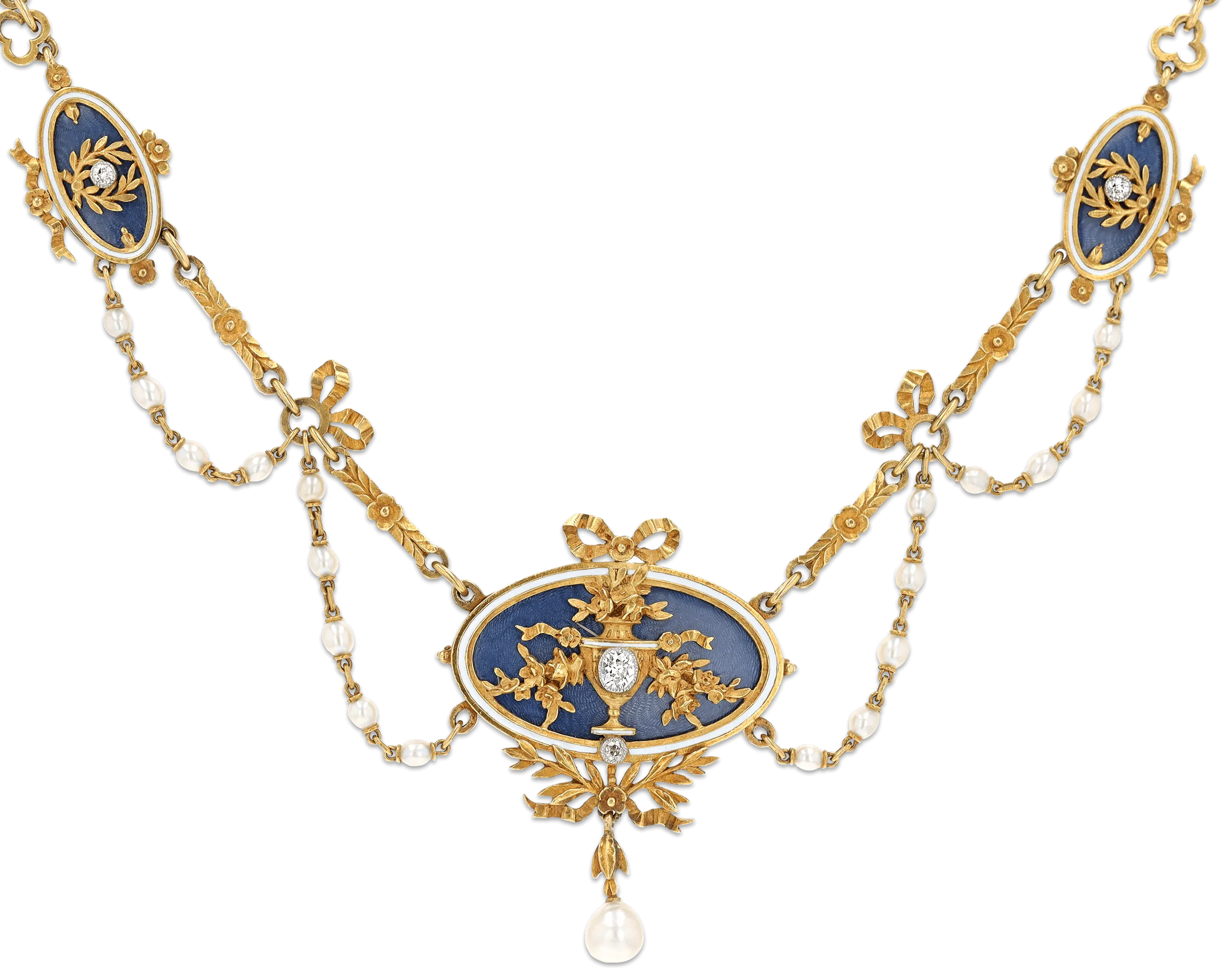 Art Nouveau Enamel, Diamond and Pearl Necklace