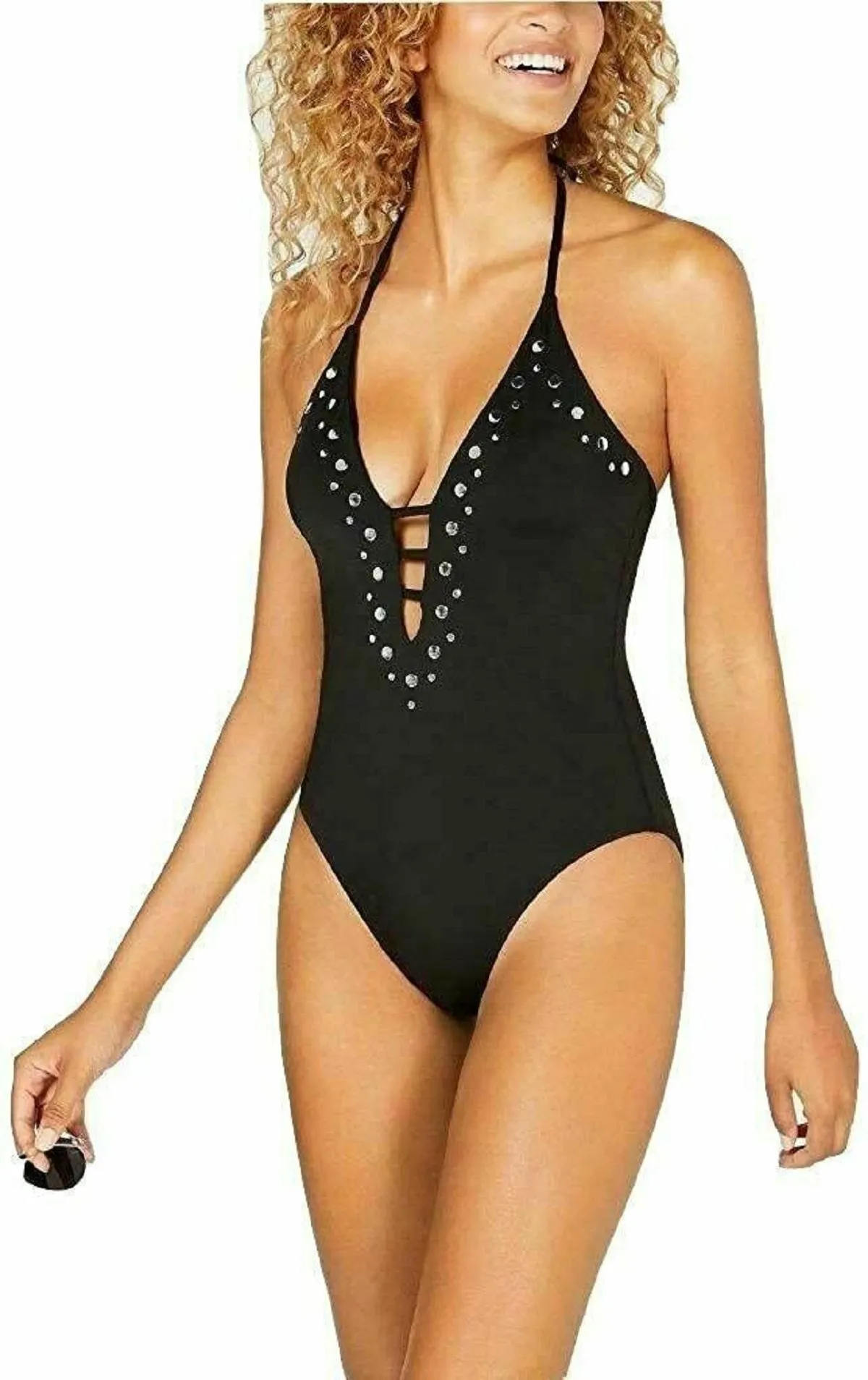 Bar III Women's Embellished Plunging One Piece Swimsuit, Black, M