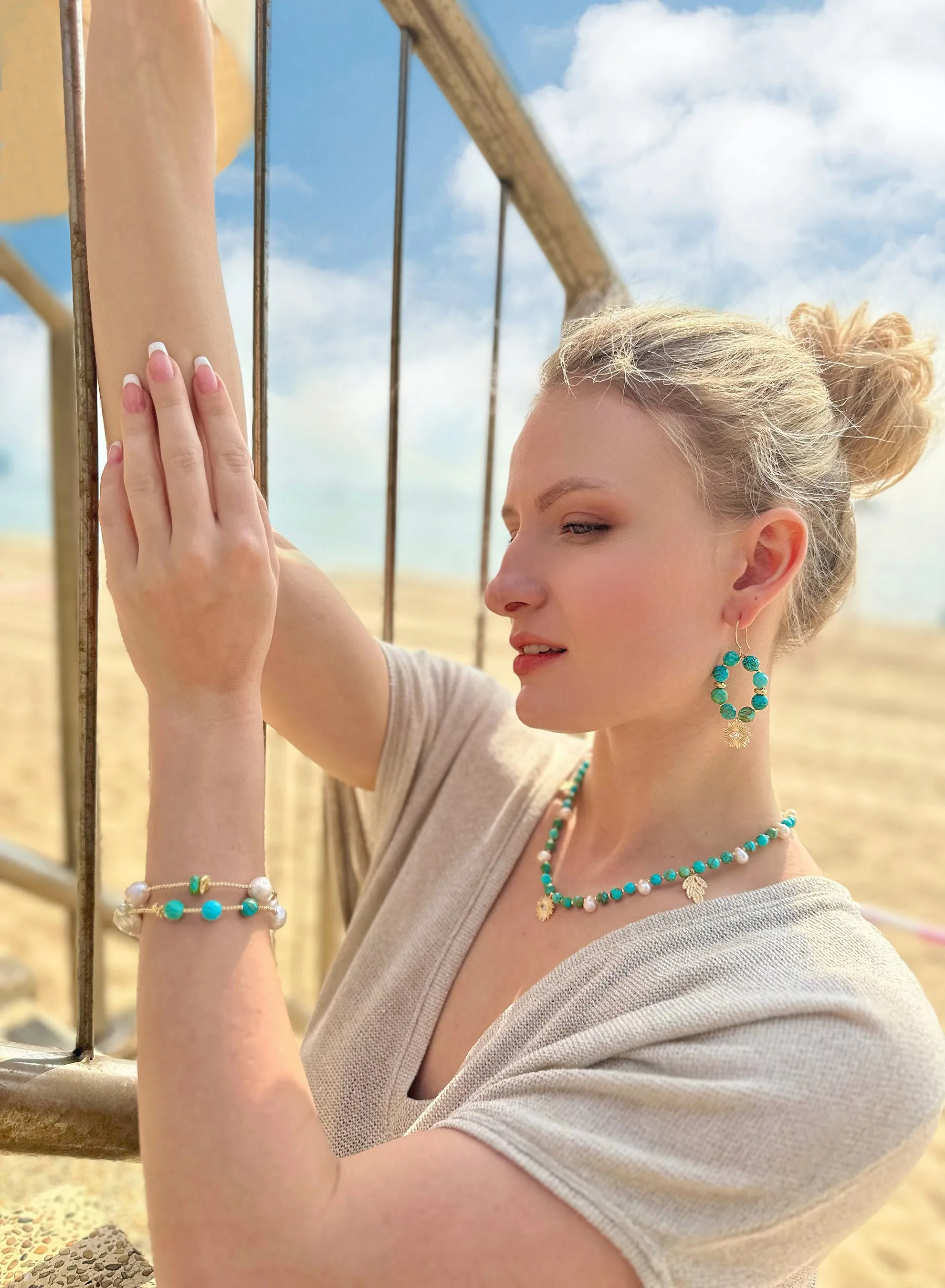 Baroque Pearls with Turquoise Double Layers Bracelet/ Choker JB019