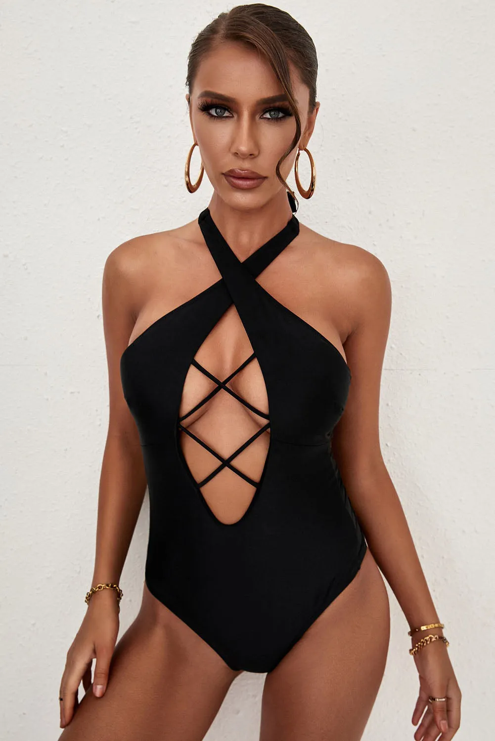 Black Criss Cross Cut-Out One Piece Swimsuit