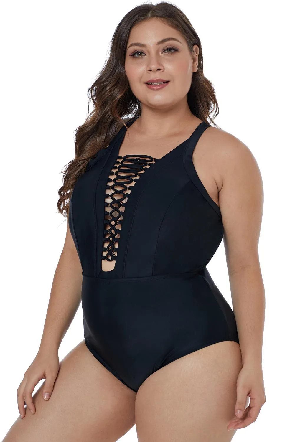 Black Crisscross Plunge Plus Size One Piece Swim Suit