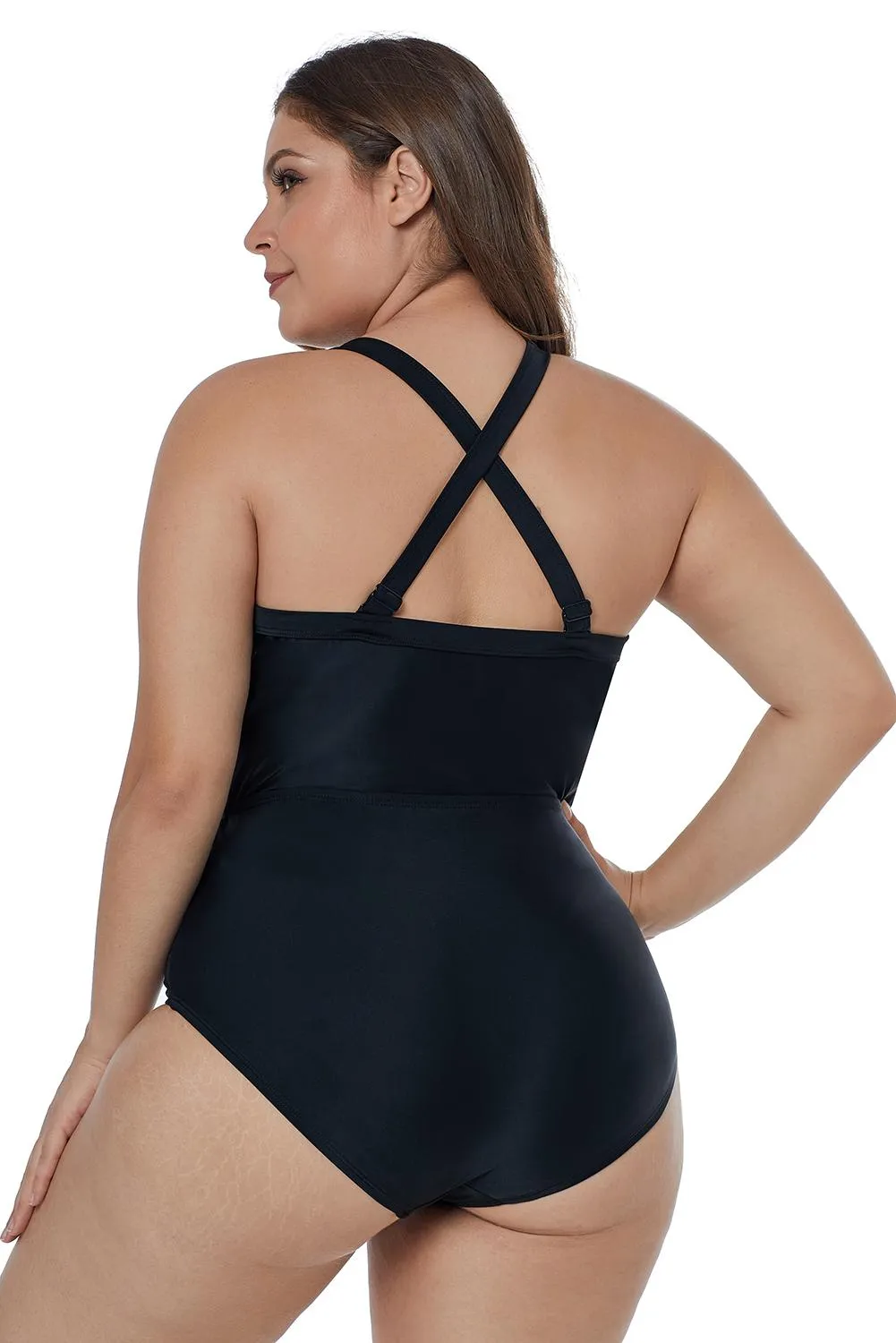 Black Crisscross Plunge Plus Size One Piece Swim Suit