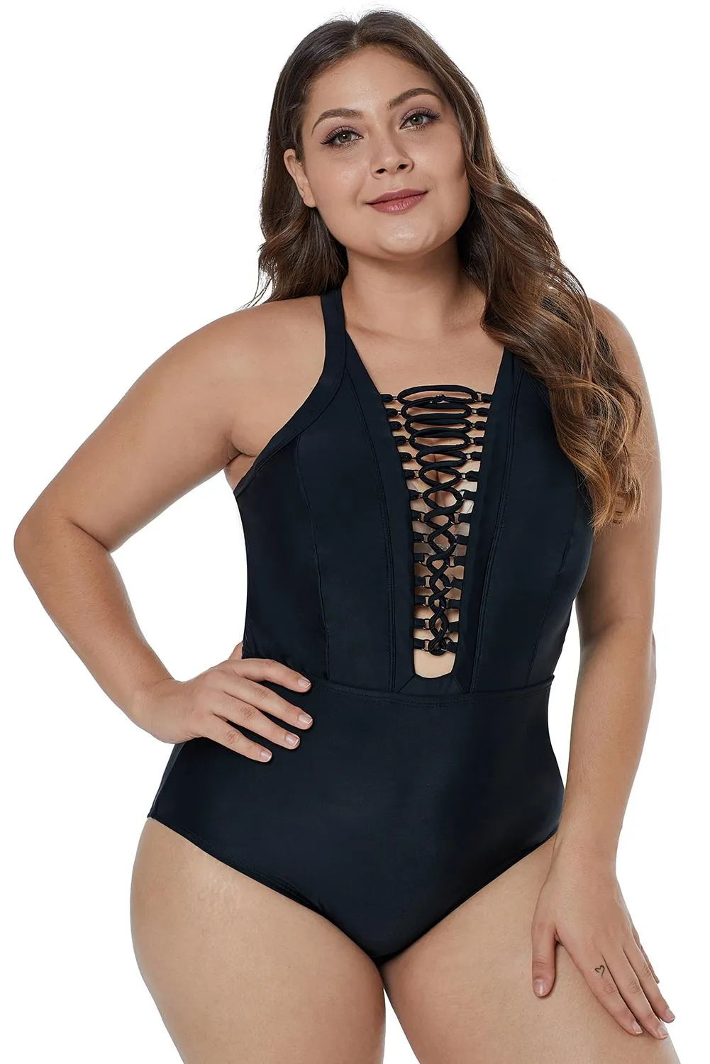 Black Crisscross Plunge Plus Size One Piece Swim Suit