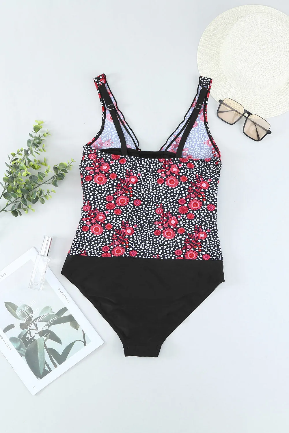 Black Floral Print Ruffles One-Piece Swimsuit