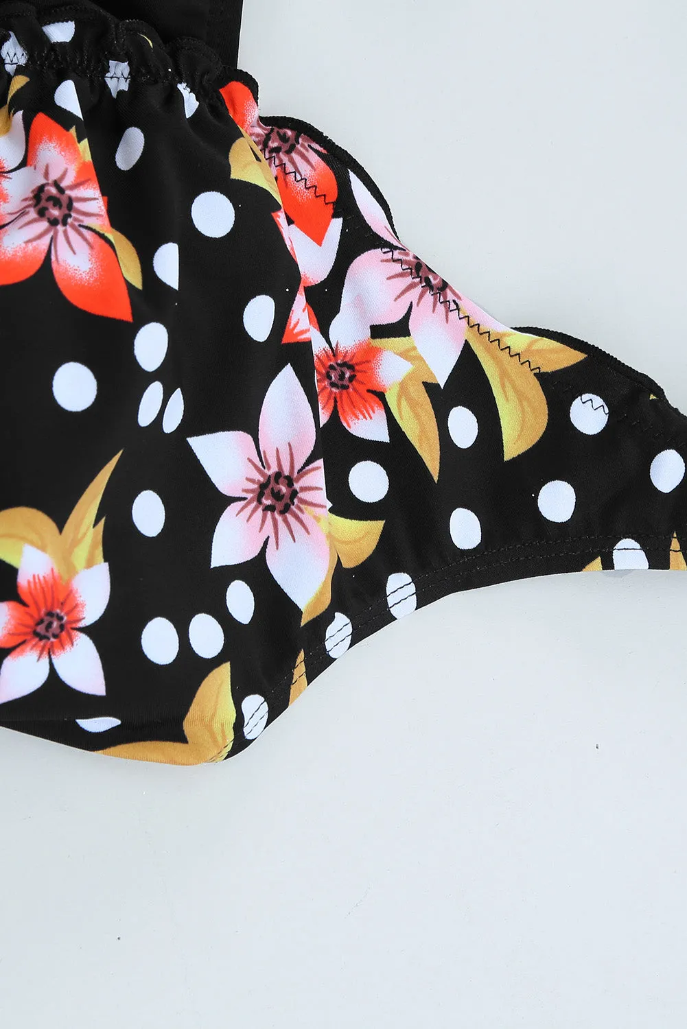 Black Floral Print Ruffles One-Piece Swimsuit