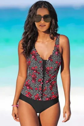 Black Floral Print Ruffles One-Piece Swimsuit