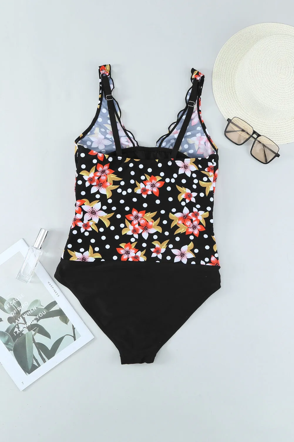 Black Floral Print Ruffles One-Piece Swimsuit