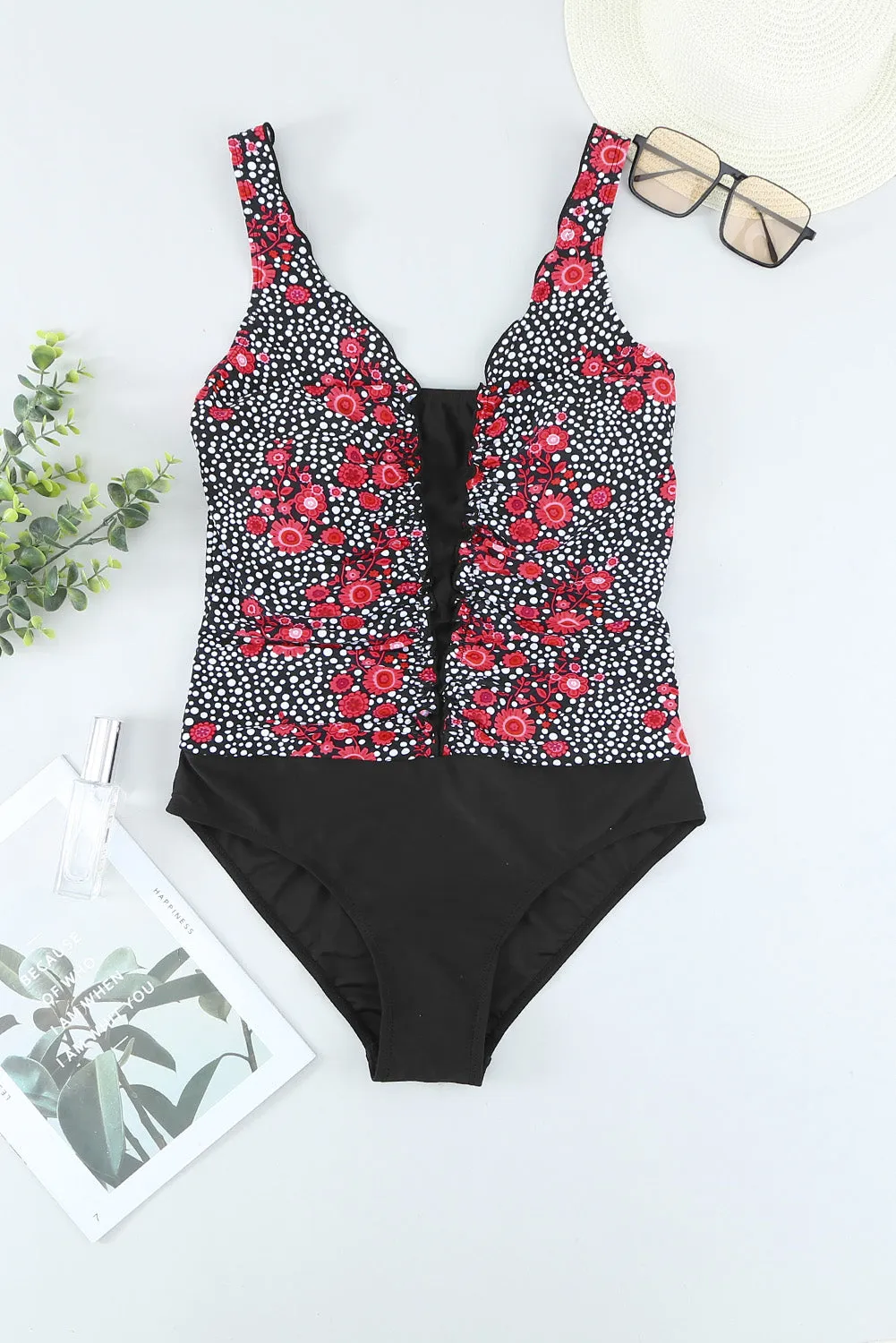 Black Floral Print Ruffles One-Piece Swimsuit