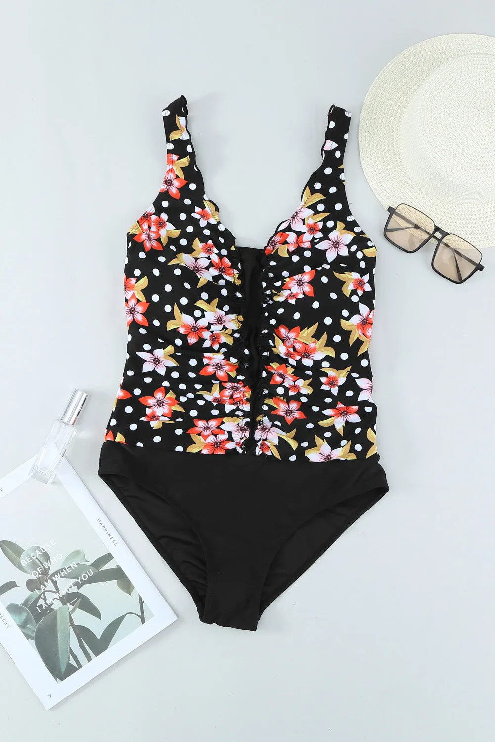 Black Floral Print Ruffles One-Piece Swimsuit