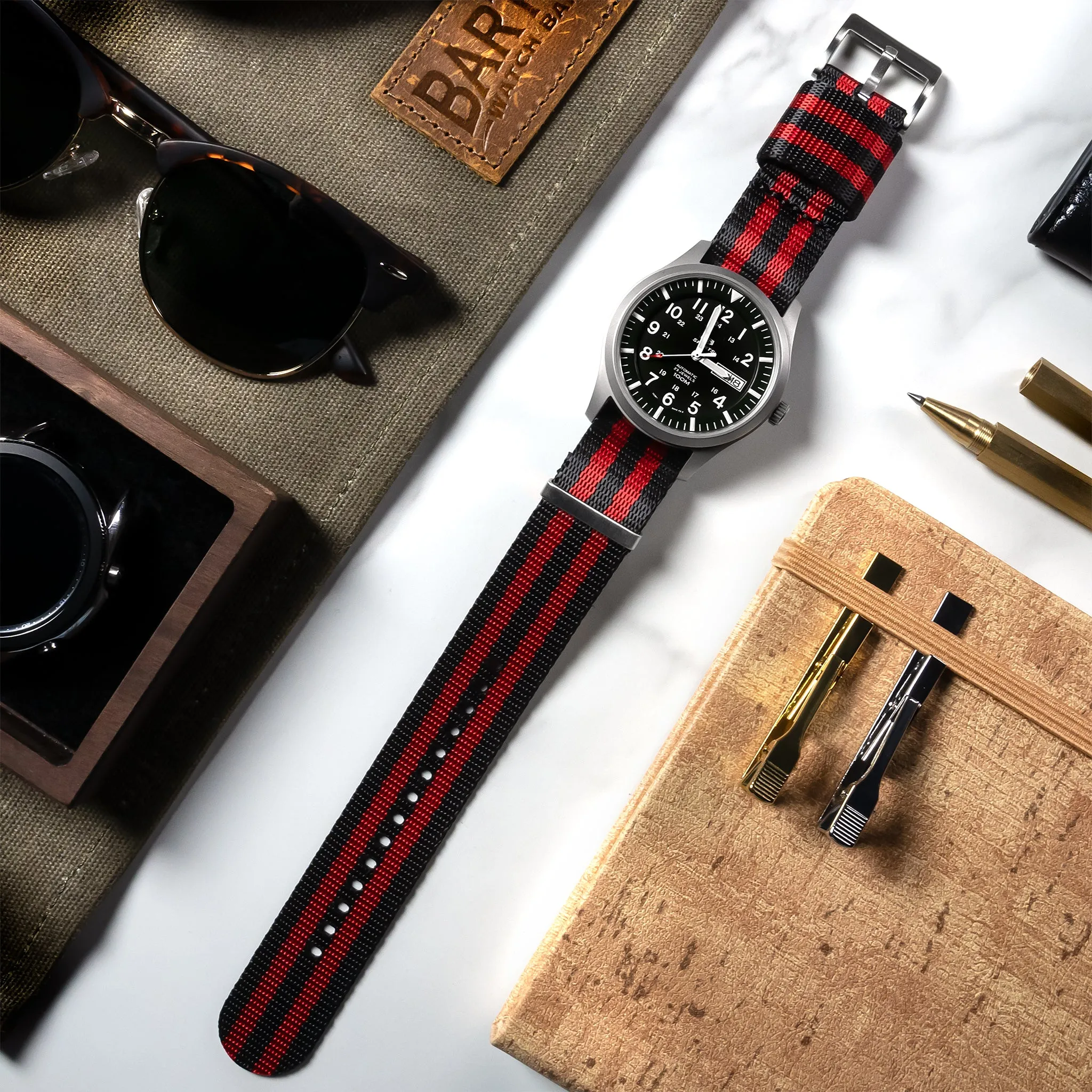 Black With Red Stripes Elite Nylon NATO® Style Watch Band (18mm, 20mm, 24mm SALE)