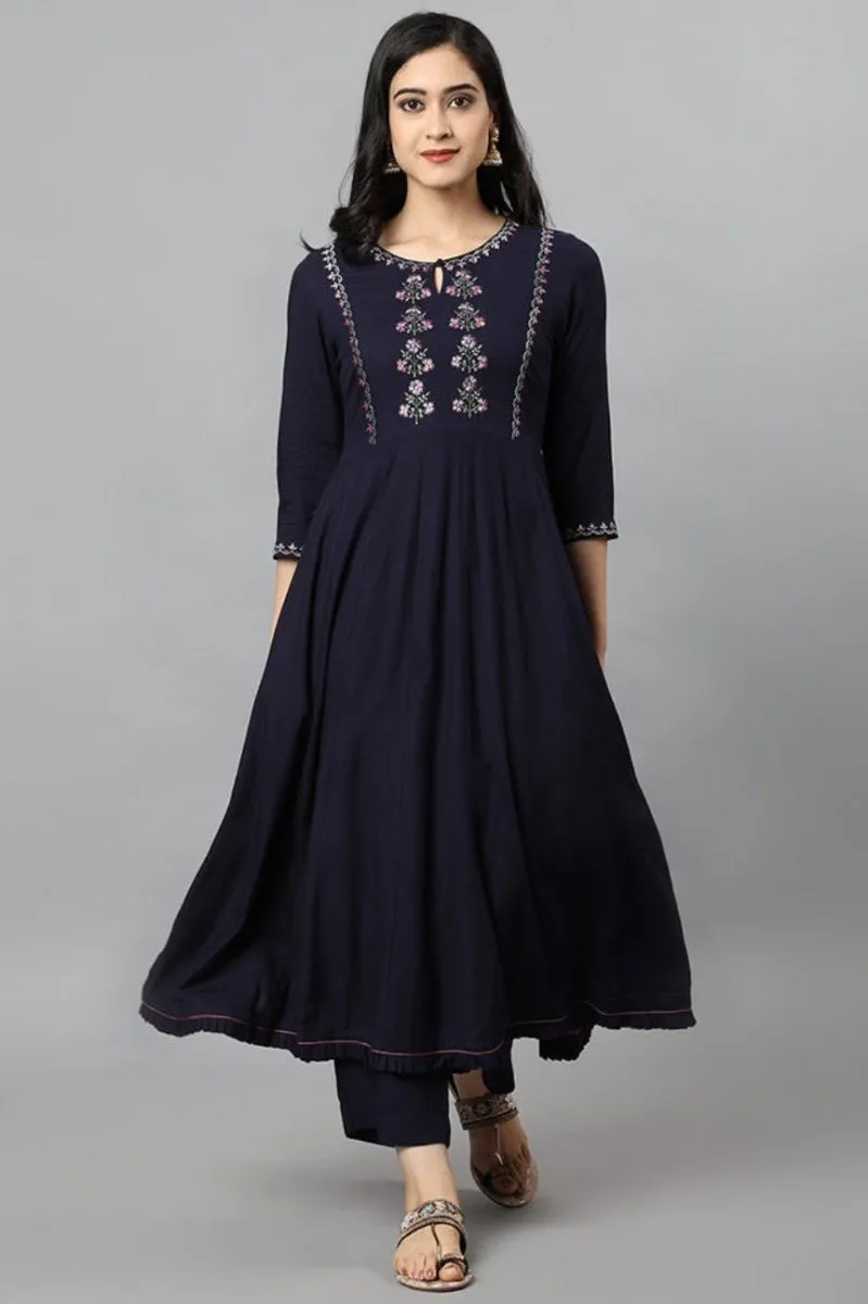 Blue Anara Embroidered Rayon Kurta Dress