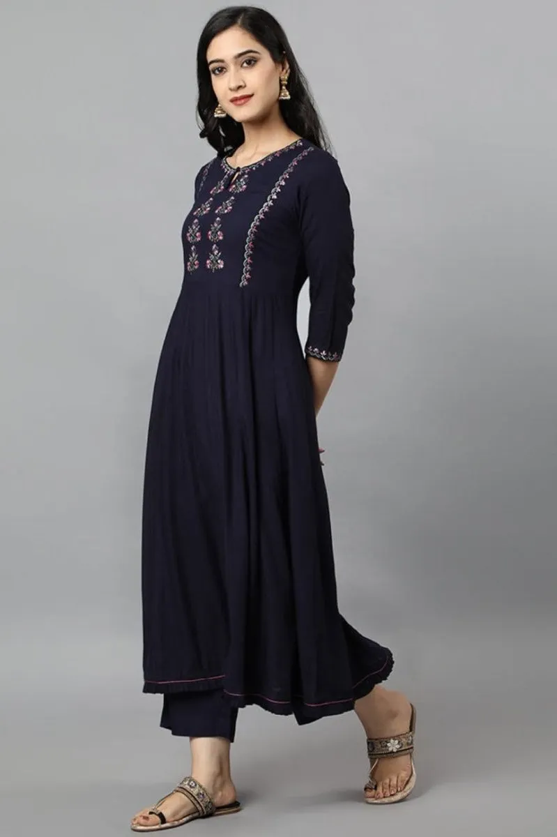 Blue Anara Embroidered Rayon Kurta Dress