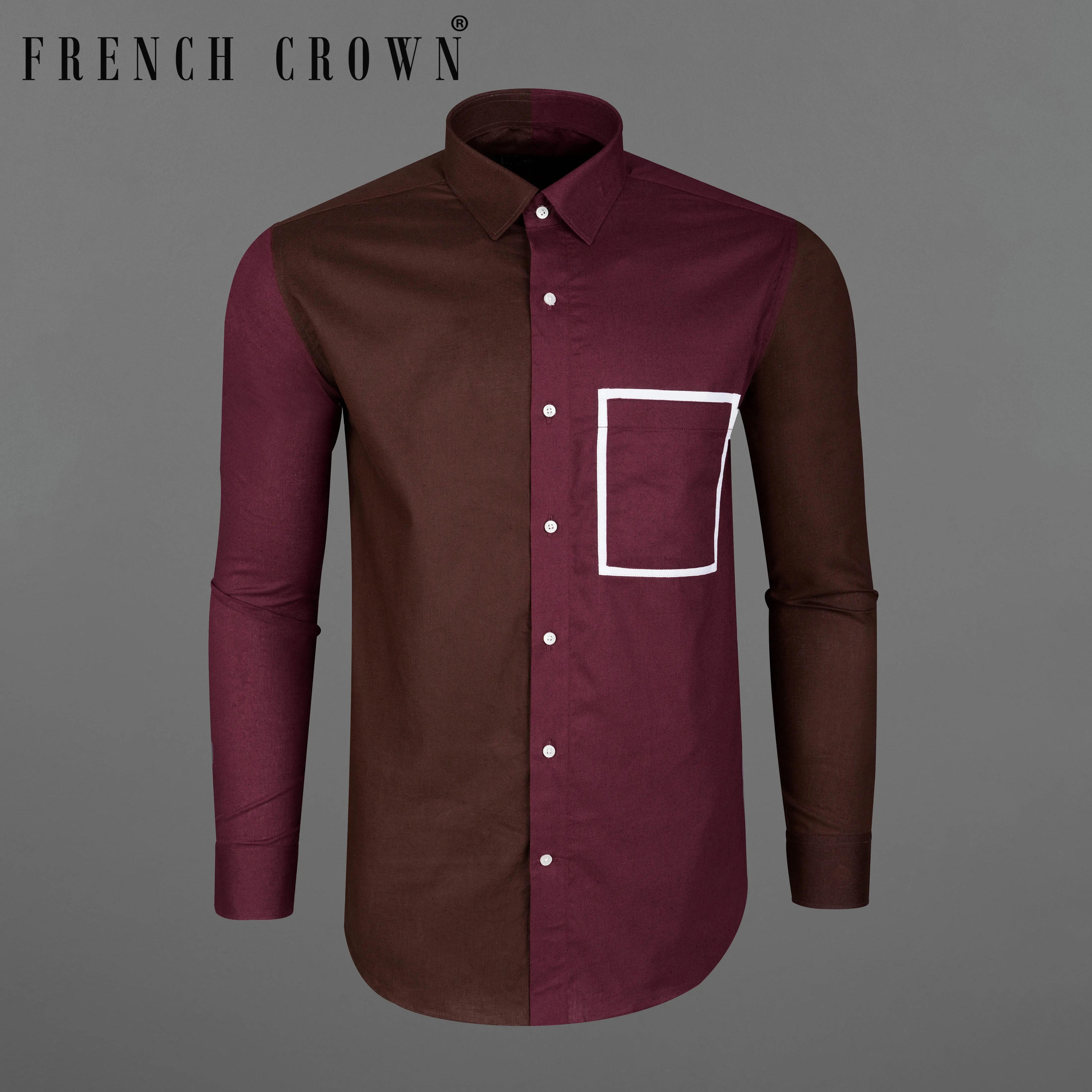 Bordeaux Wine and Brown with White Frame Pocket Luxurious Linen Shirt