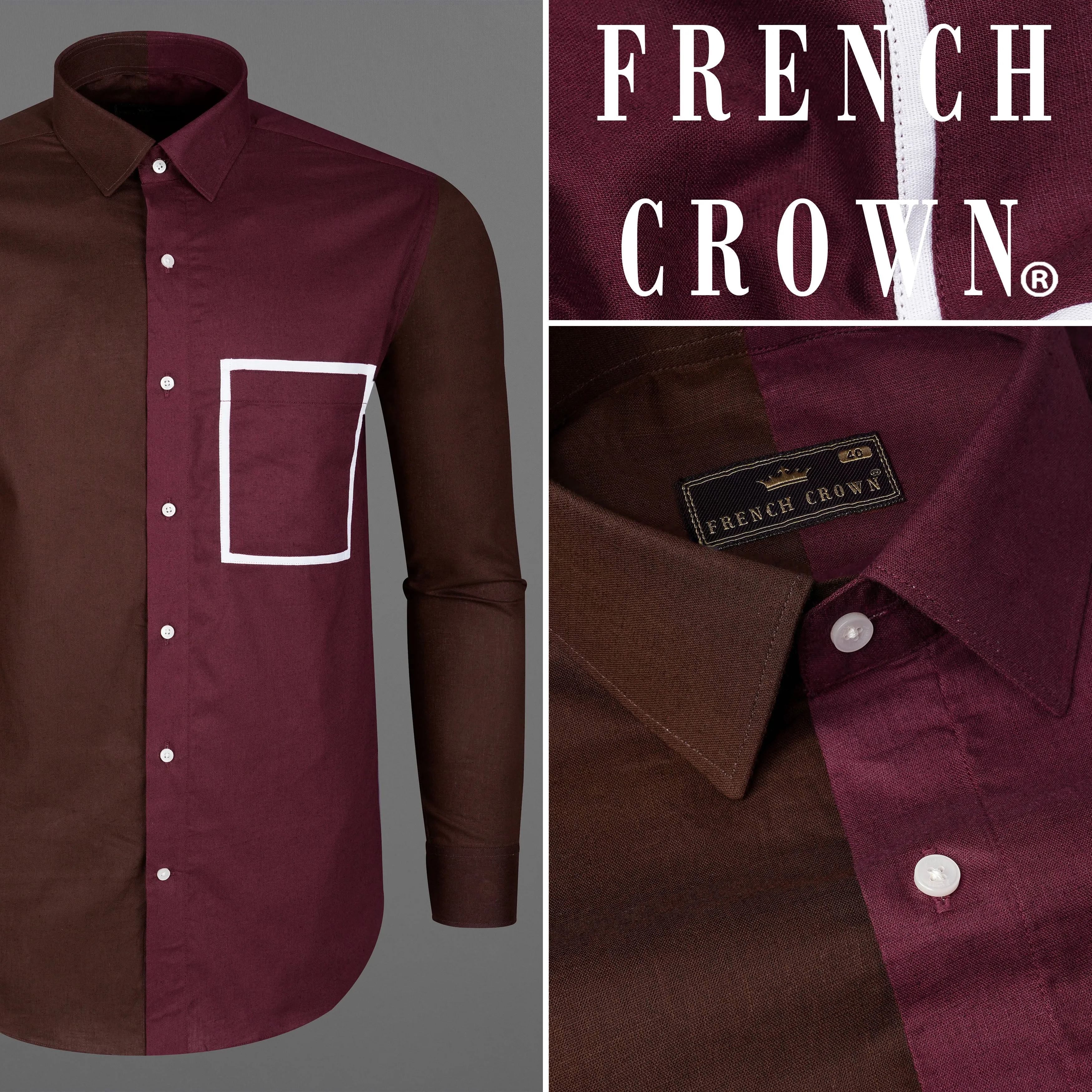 Bordeaux Wine and Brown with White Frame Pocket Luxurious Linen Shirt