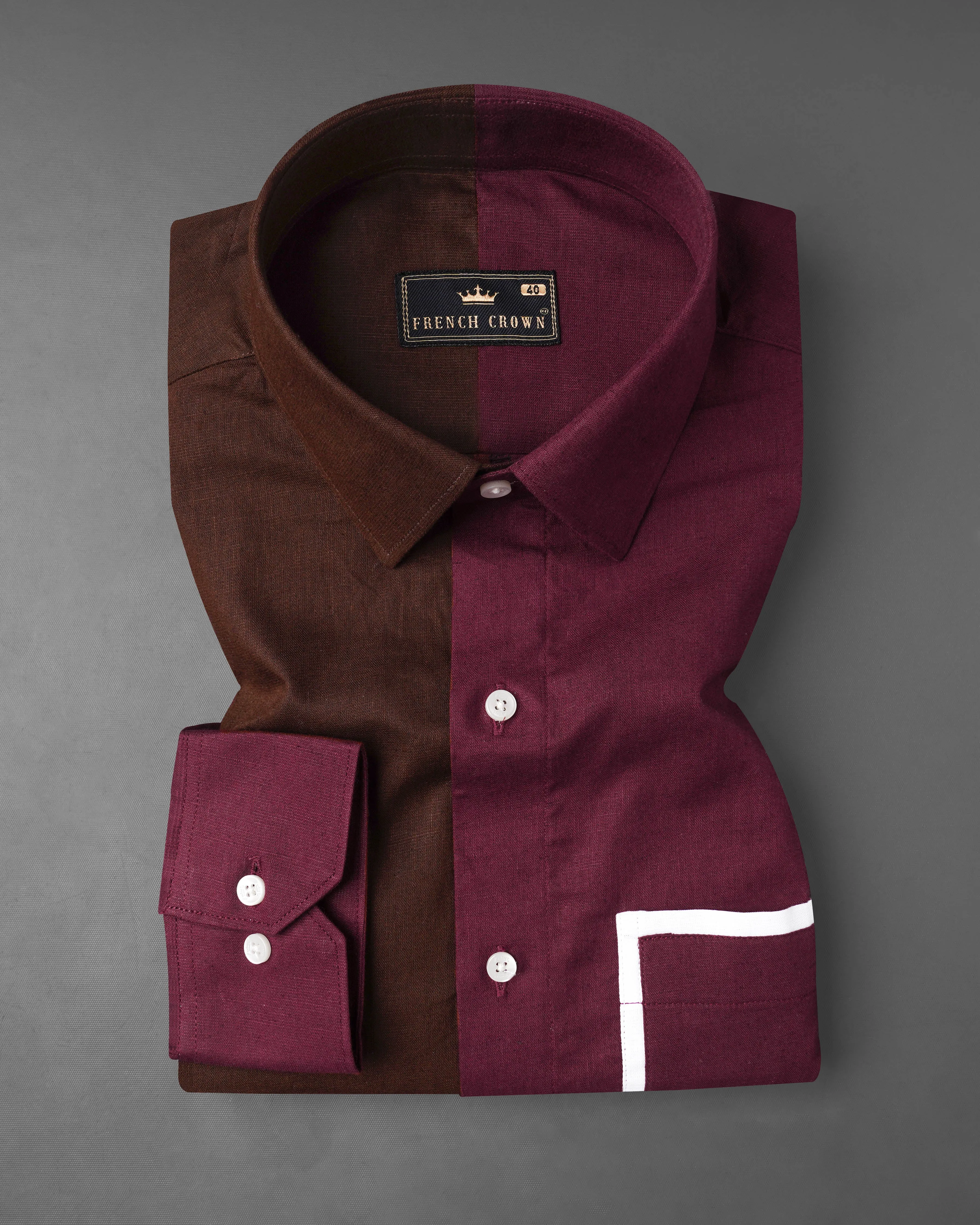 Bordeaux Wine and Brown with White Frame Pocket Luxurious Linen Shirt