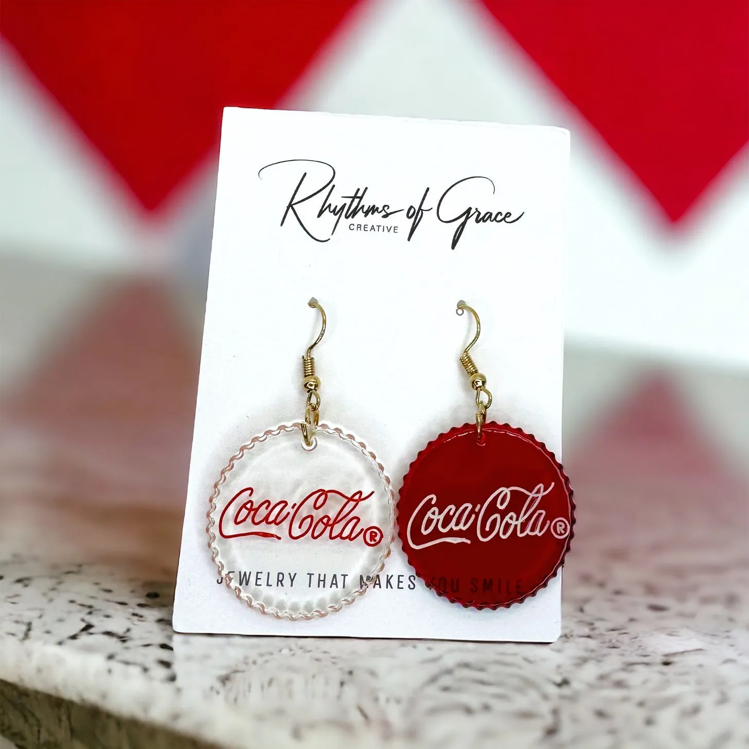 Bottle Cap Earrings - Handmade Earrings, Red and White, Funny Earrings, Soda Bottle, Soda Bottle Cap