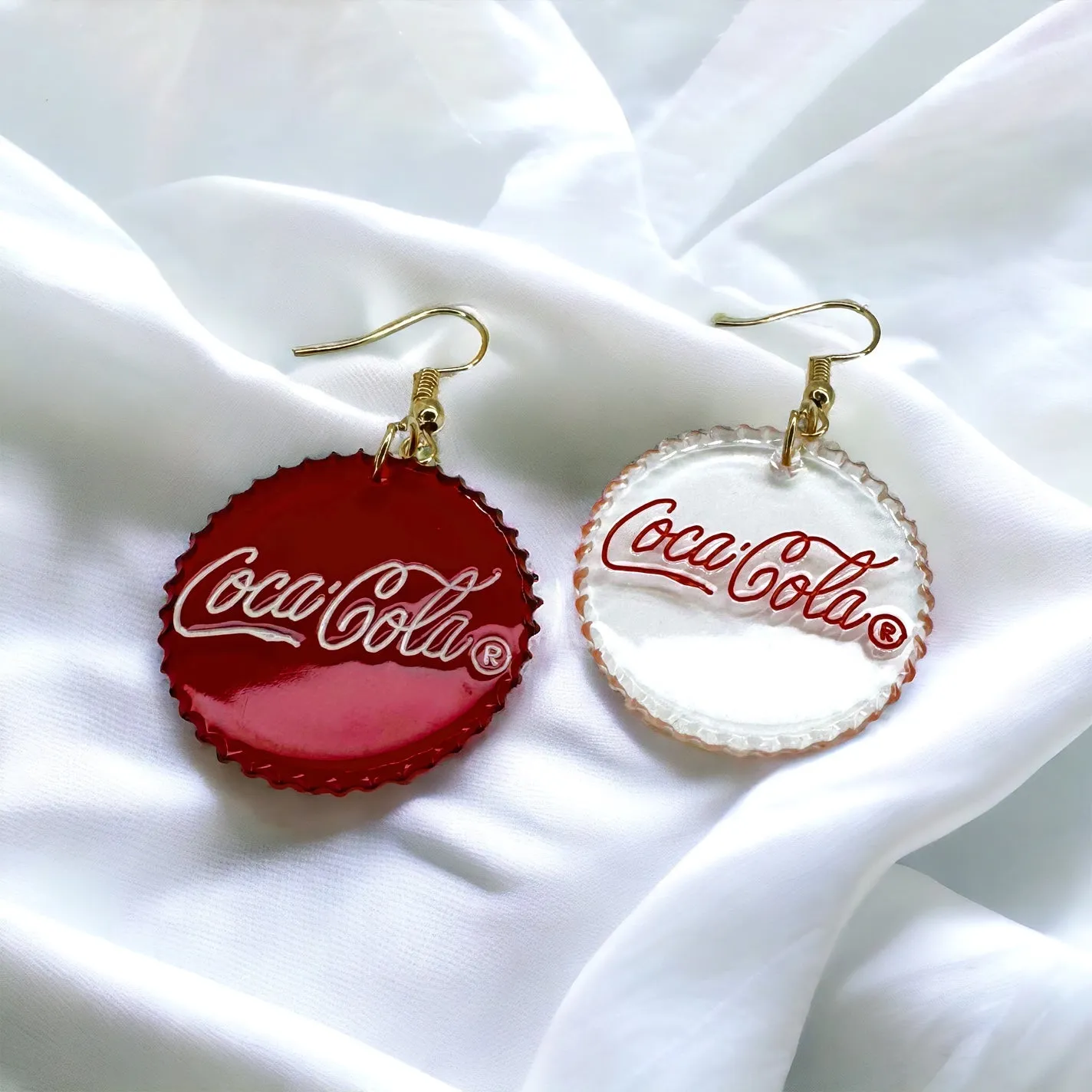 Bottle Cap Earrings - Handmade Earrings, Red and White, Funny Earrings, Soda Bottle, Soda Bottle Cap