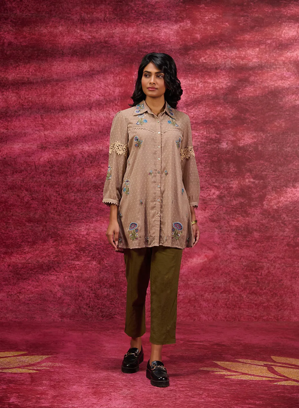 Breeze Taupe Embroidered Georgette Shirt for Women