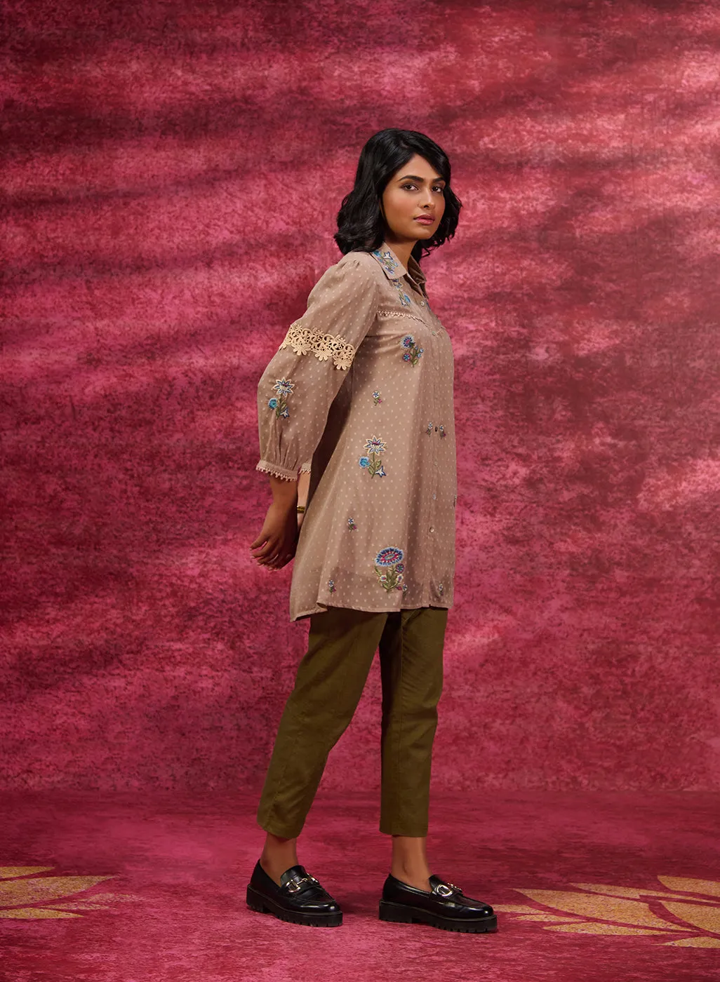 Breeze Taupe Embroidered Georgette Shirt for Women