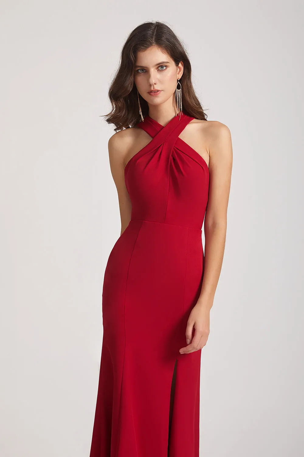 Cross Neckline Sheath Slit Bridesmaid Dresses (AF0140)