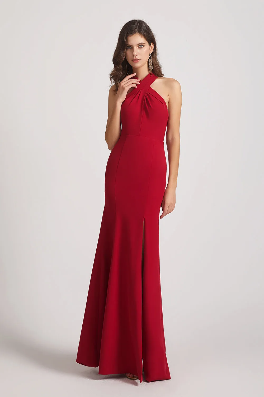 Cross Neckline Sheath Slit Bridesmaid Dresses (AF0140)