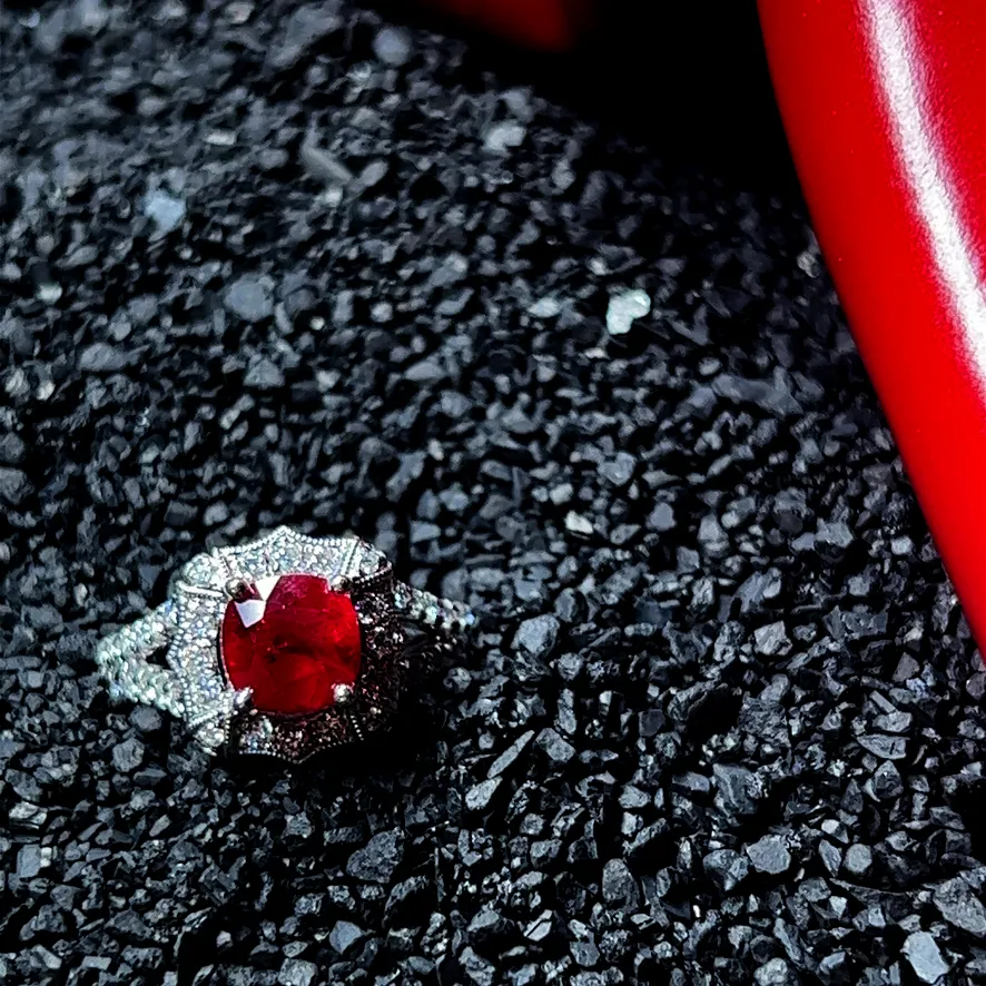 Custom 18k White Gold Couture Ruby and Diamond Ring