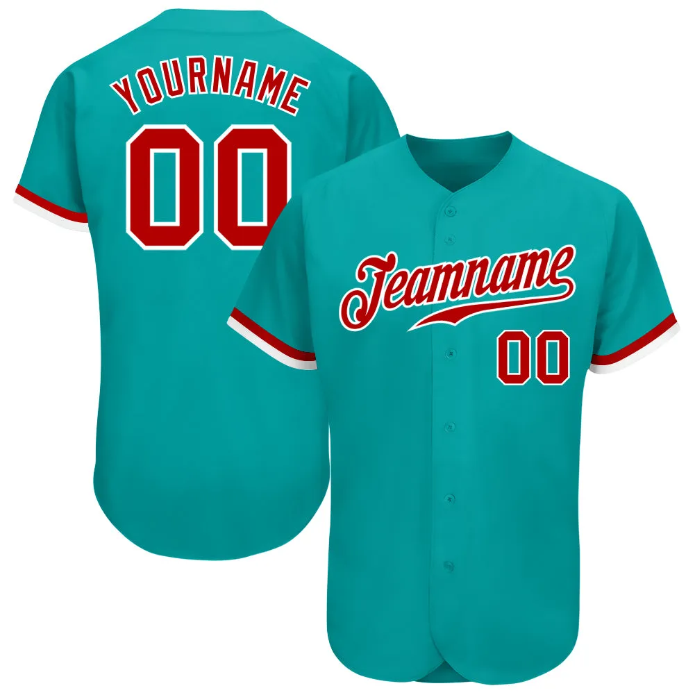 Custom Aqua Red-White Authentic Baseball Jersey