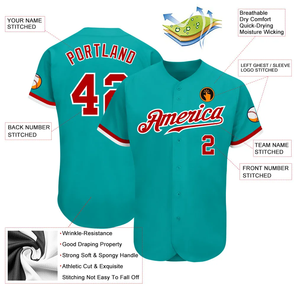 Custom Aqua Red-White Authentic Baseball Jersey